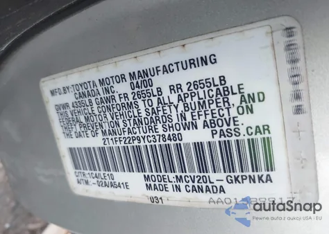 2000 Toyota Camry Solara Sle V6 from USA, damaged, VIN 2T1FF22P9YC378480